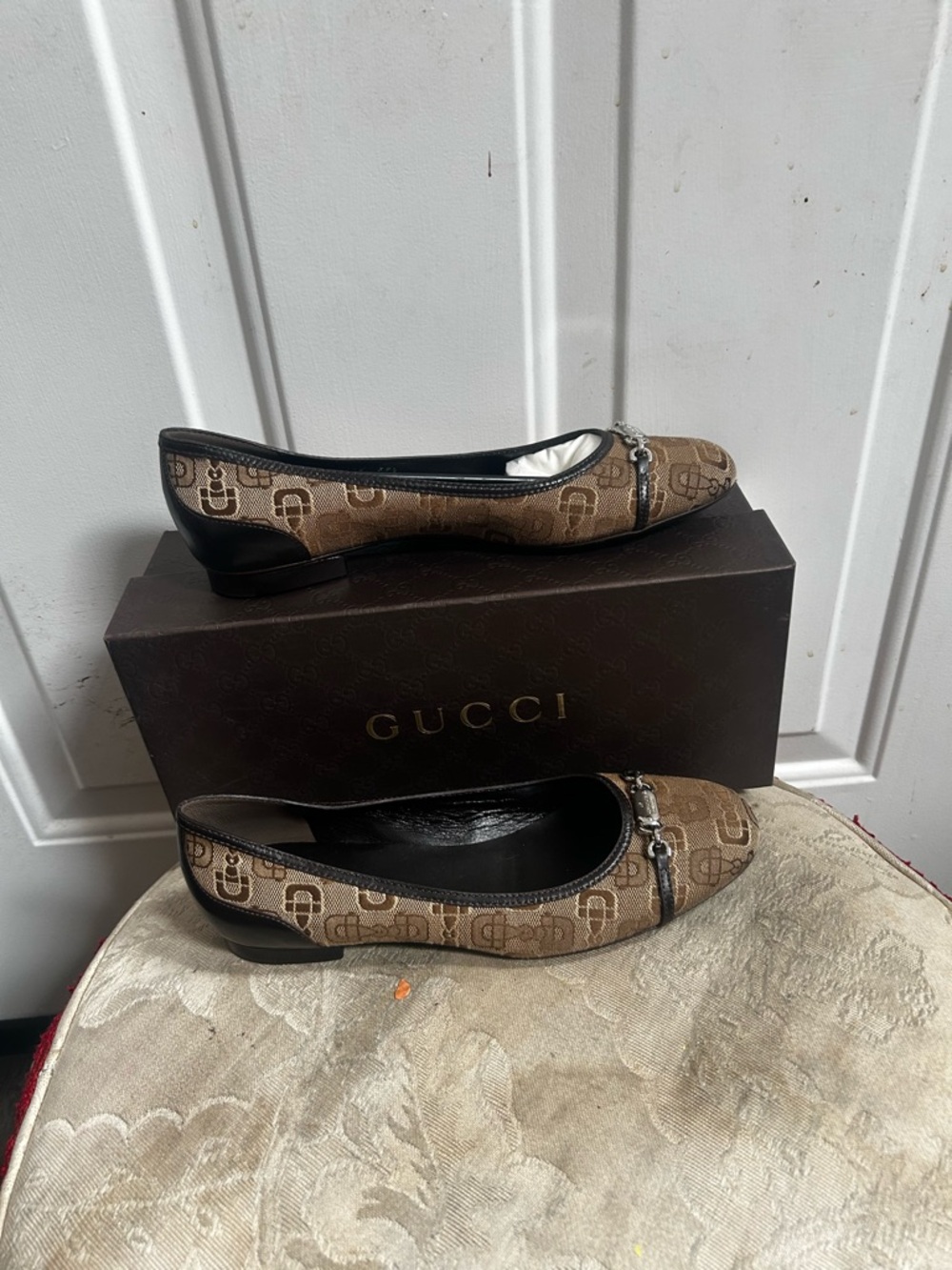 Gucci Brown Monogram Canvas Flats with Black Trim Sz 39.5